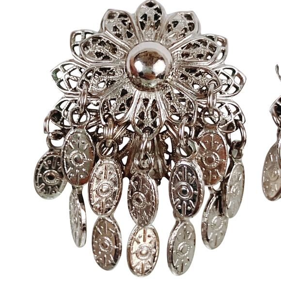 Vintage Mid Century Silver Tone Filigree Dangle Charm Tassel Clip On Earrings - Picture 2 of 12